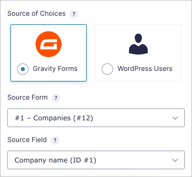 The settings for the Lookup field; the 'Gravity Forms' source is selected.
