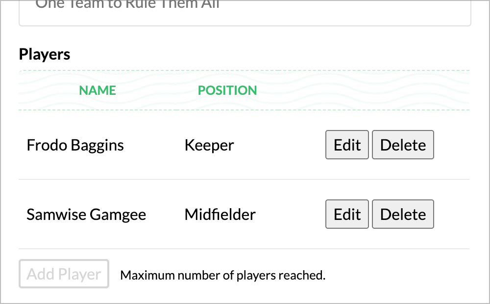 An interface displaying a table of players with columns for 'Name' and 'Position', including options to edit or delete each entry, and a notification about the maximum number of players reached.