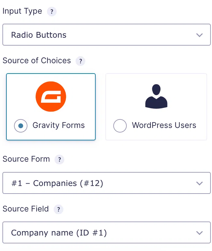 The Lookup field settings; options for input type, source of choices, source form and source field