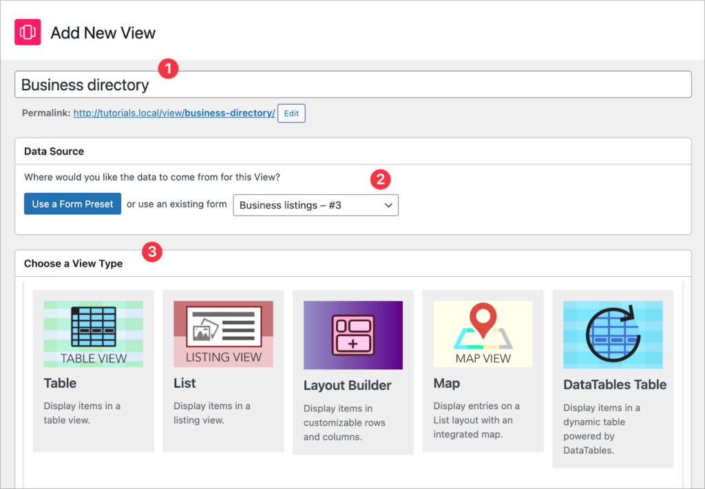 The View creation screen in GravityView