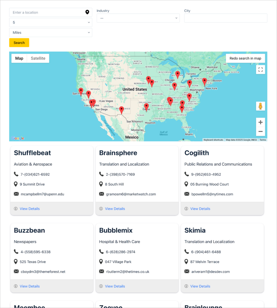A geolocation directory; there is a search bar at the top, a map, and then a grid of listings