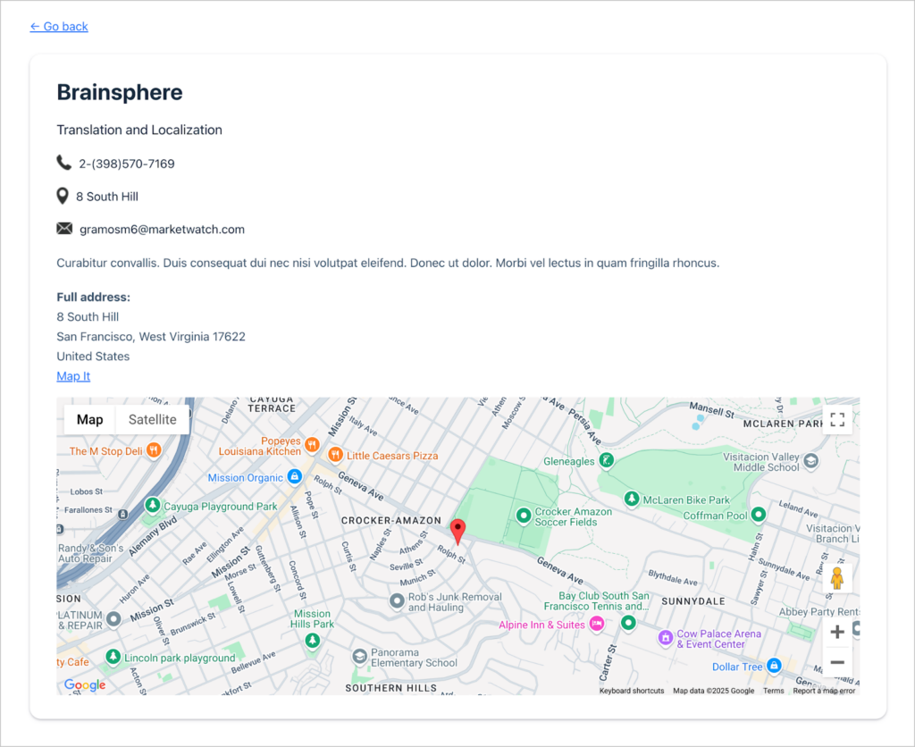A single directory entry showing business information at the top, and a map with the companies address below.