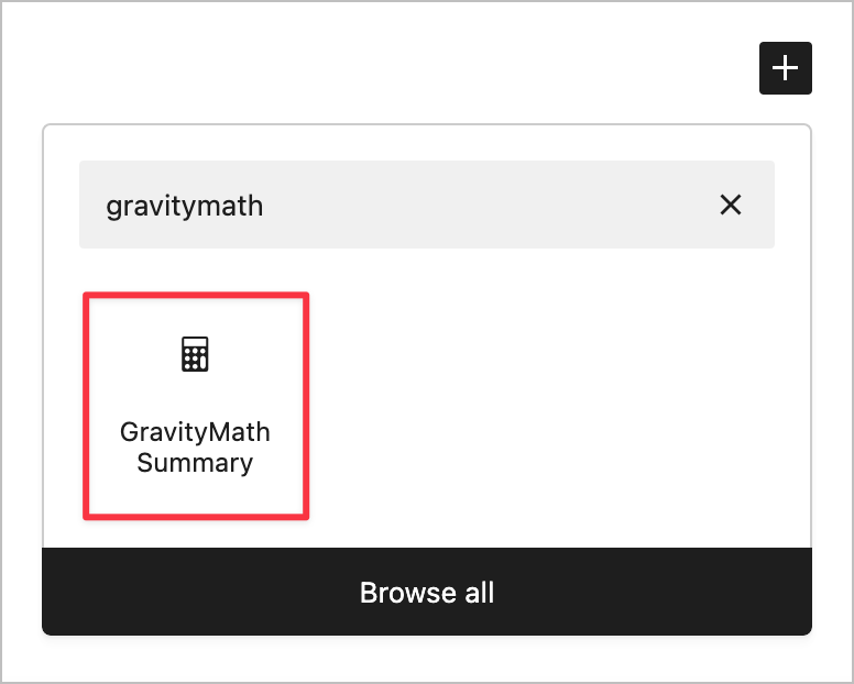 The 'GravityMath Summary' block in the WordPress block picker
