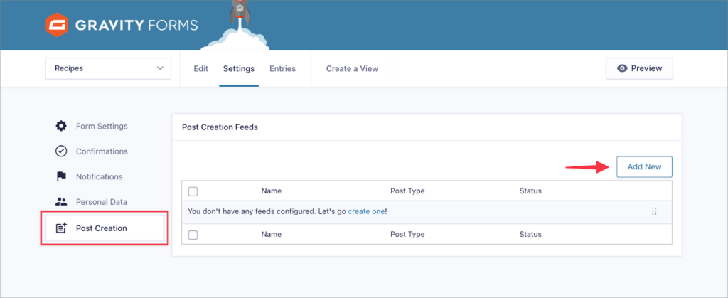 An arrow pointing to the 'Add New' button on the Post Creation feed page.