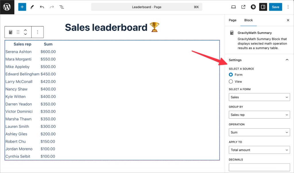 The GravityMath Summary block settings
