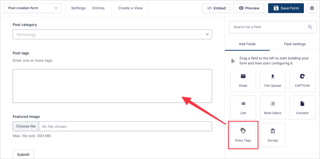 The Entry Tags field type inside the Gravity Forms editor