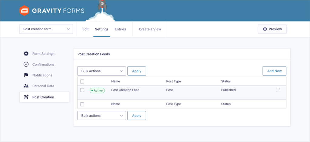 The Post Creation feed page in Gravity Forms