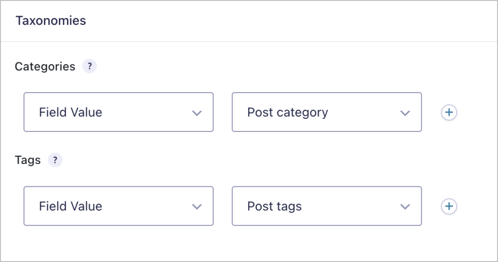 The Post Creation feed settings; mapping categories and tags