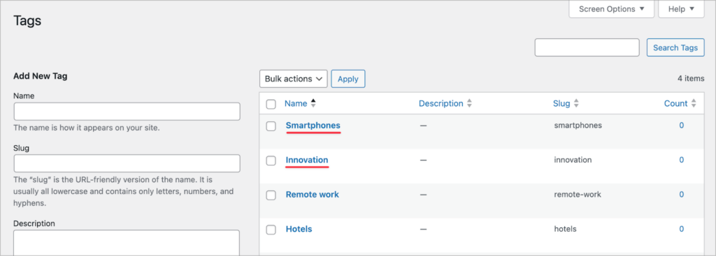 The WordPress Tags page; the Smartphones and Innovation tags are underlined