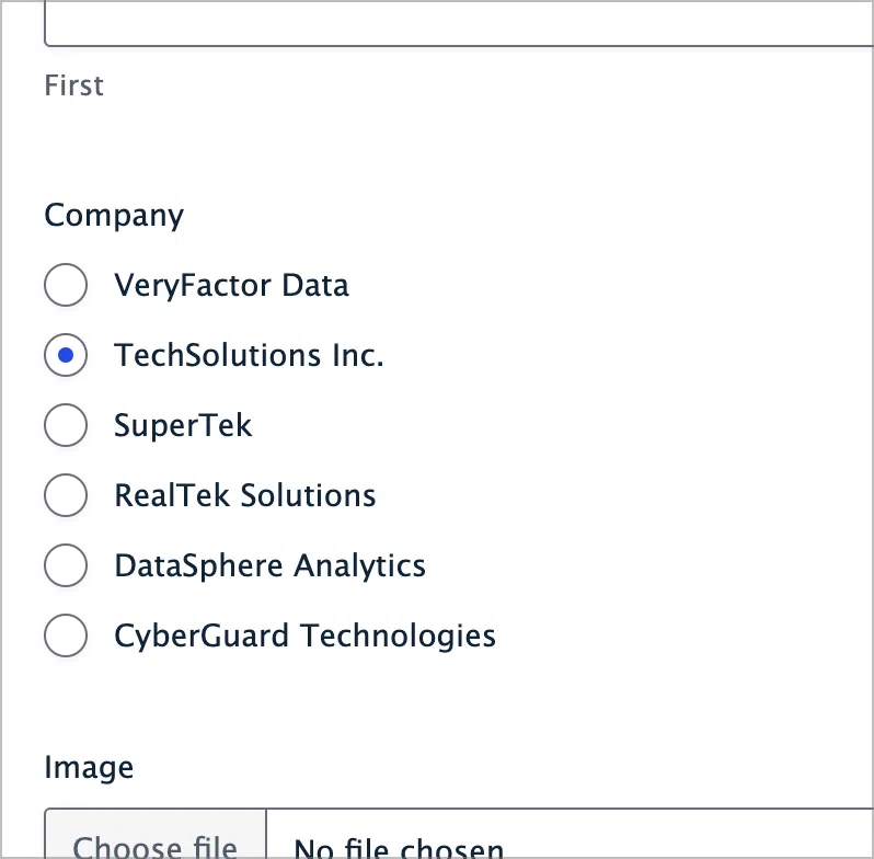 A Radio Buttons fields with a range of options; all are company names