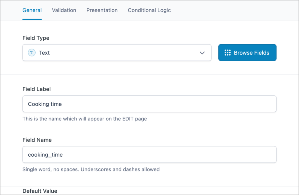 The field creation screen in ACF; here you can choose a field type, set a field label, set a field name, and select a default field value.
