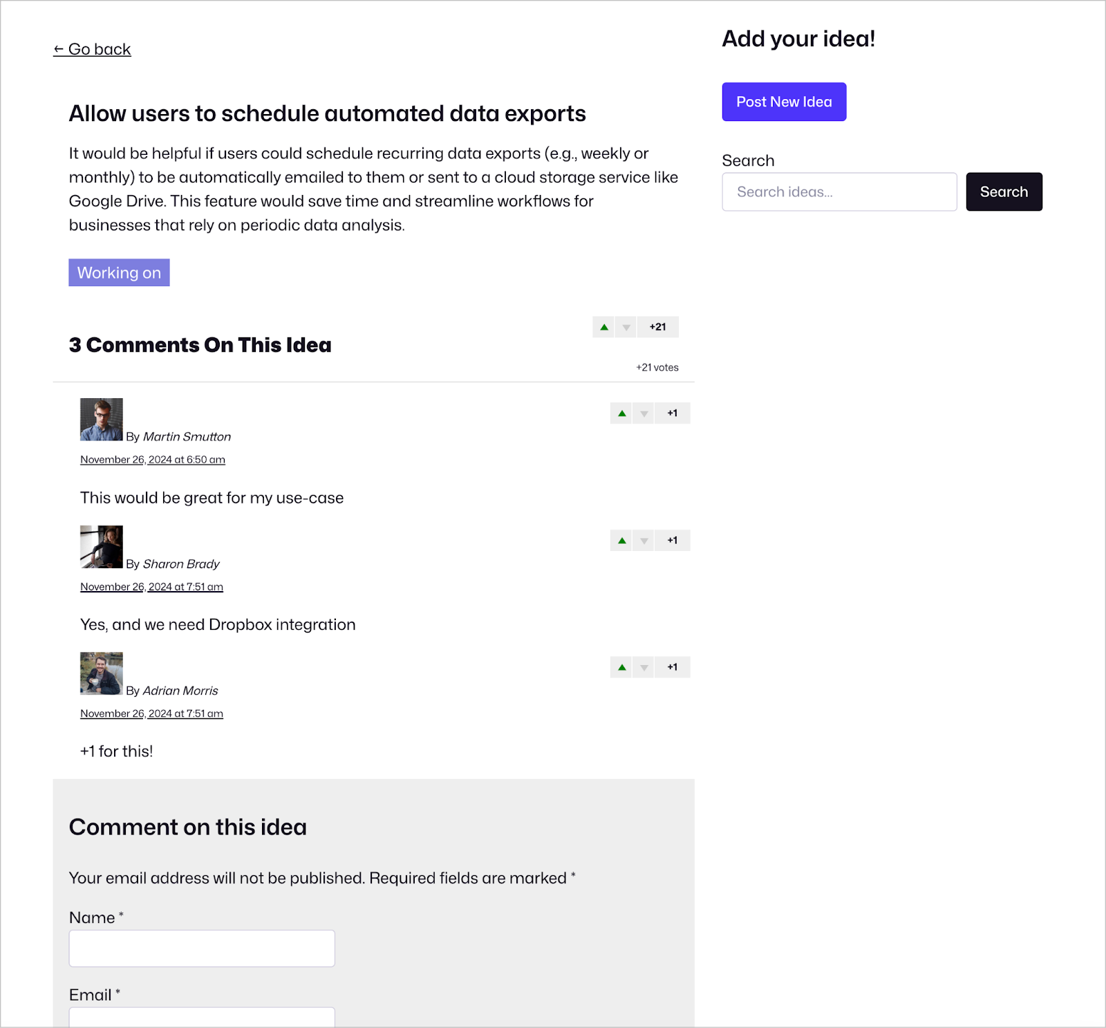 A single feedback idea with 3 comments added by users below; there is also a form at the bottom for leaving comments and ratings