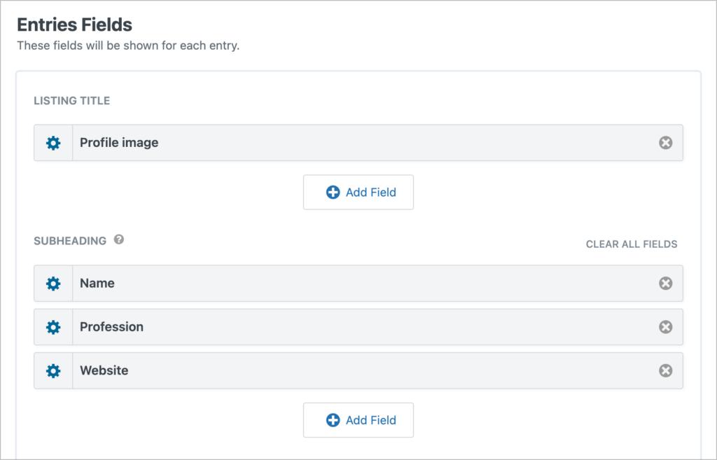 The 'Entries fields' section of the View editor; there are 4 fields visible: Profile image, Name, Profession and Website