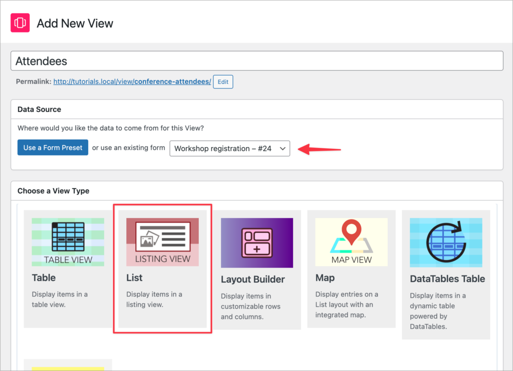 The GravityView View creation screen