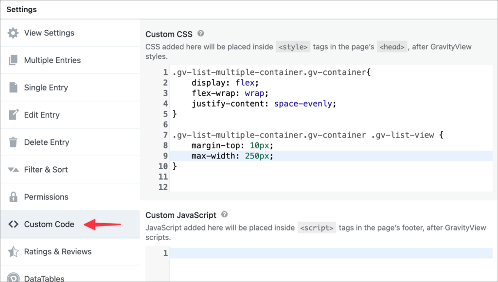 The 'Cusom Code' panel in the View settings for adding custom CSS to a View