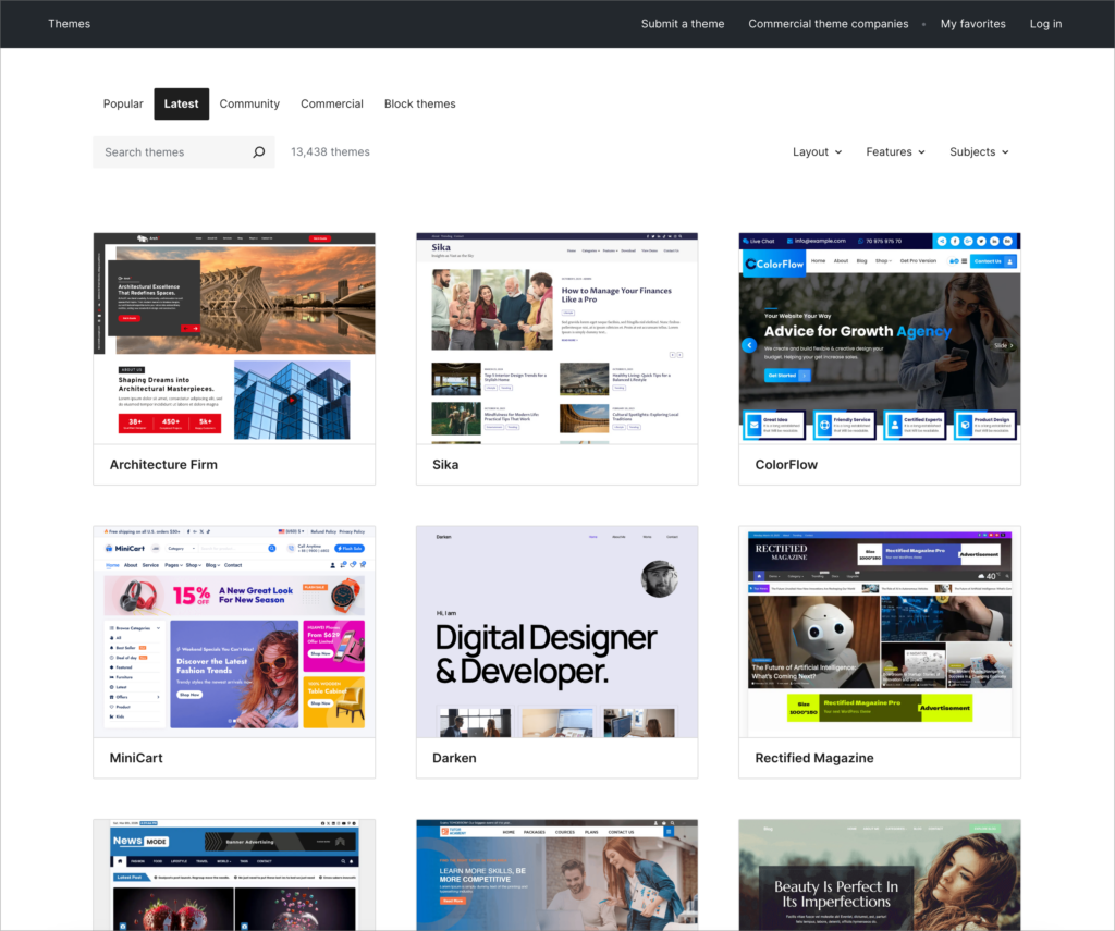 The Themes repository on the WordPress.org site