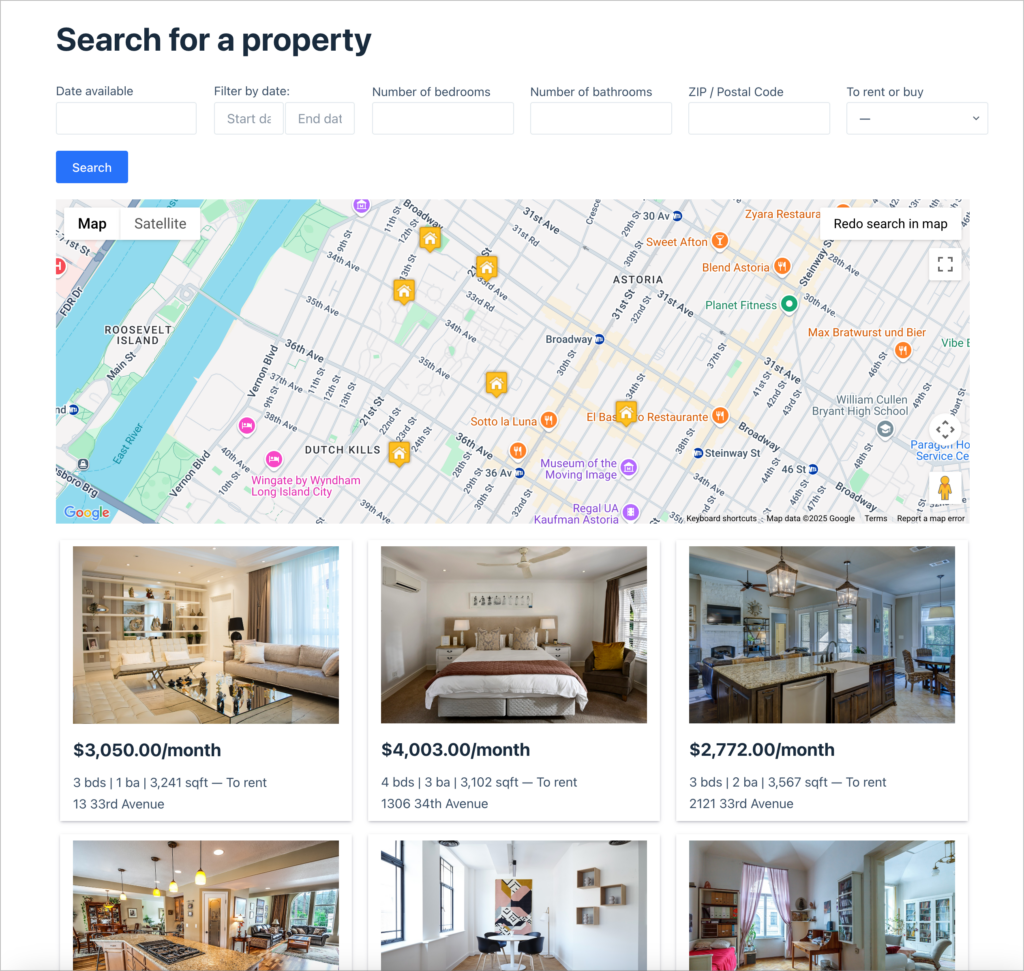 A real estate directory; there is a search bar, followed by a map showing property locations, followed by a grid of property listings