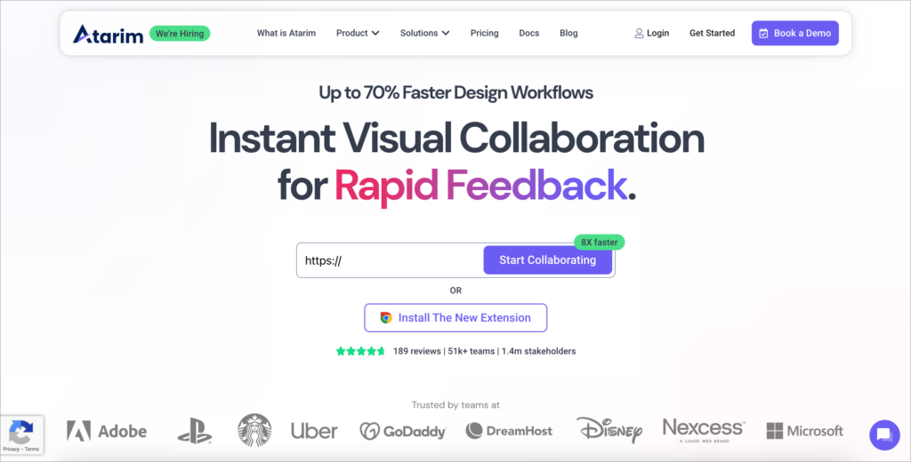 Atarim.io homepage; the headers reads ' Instant Visual Collaboration for Rapid Feedback'