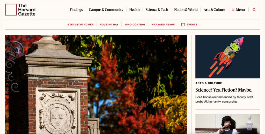 The Harvard Gazzette website homepage