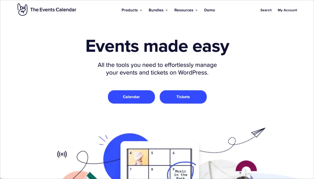 The Events Calendar plugin homepage; the header reads 'Events made easy'.