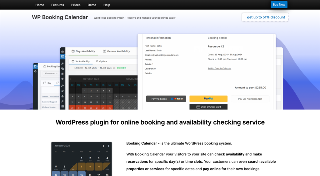 The WP Booking Calendar plugin homepage