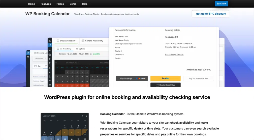 The WP Booking Calendar plugin homepage