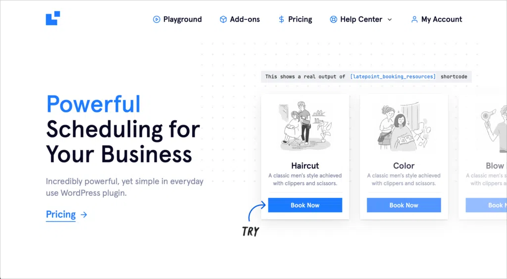 The LatePoint plugin homepage; the header reads 'Powerful Scheduling for Your Business'