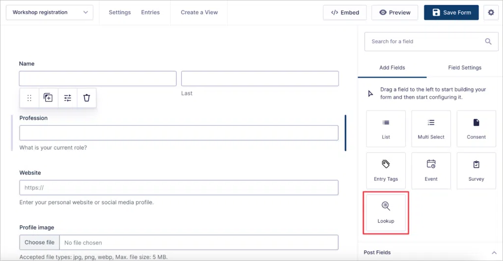 The Gravity Forms visual editor; the 'Lookup' field is highlighted here in the field picker