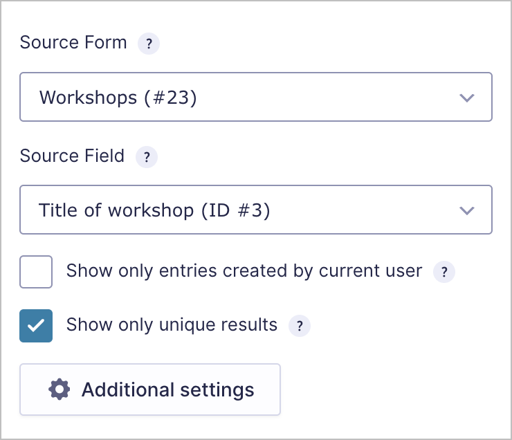 Remaining Lookup field options. There are two dropdowns titled 'Source form' and 'Source field'. There are two checkboxes below