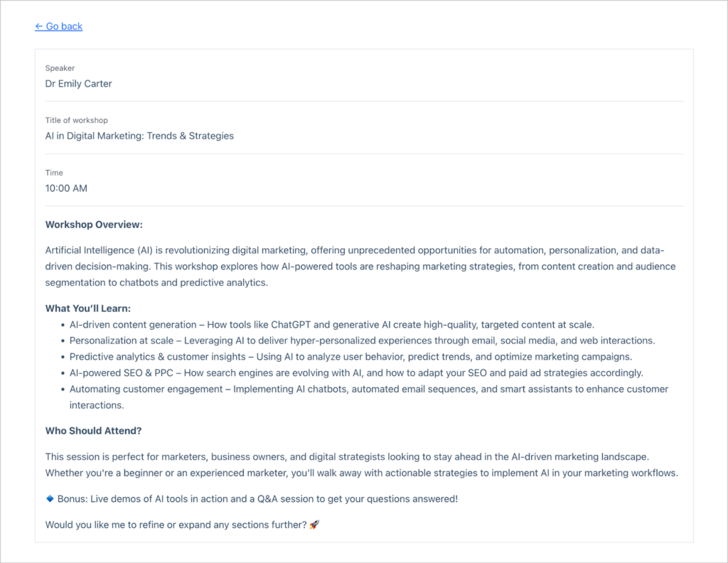 A detailed description of a workshop titled 'AI in Digital Marketing: Trends & Strategies'