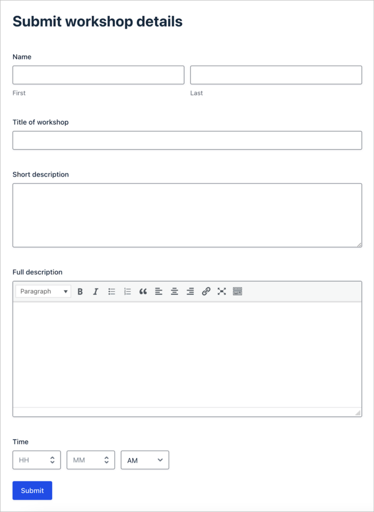 A form titled 'Submit workshop details'; the form includes fields for name, title of workshop. short description, full description and time.