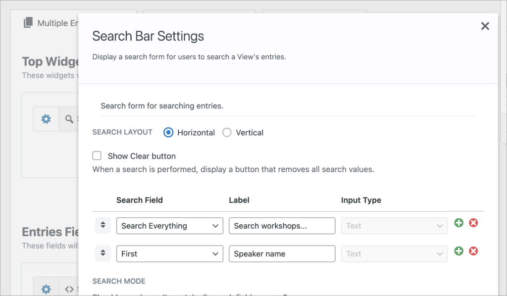 The GravityView search bar widget settings