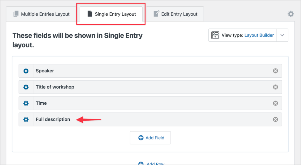 The Single Entry page of the View editor; there is an arrow pointing to the 'Full description' field