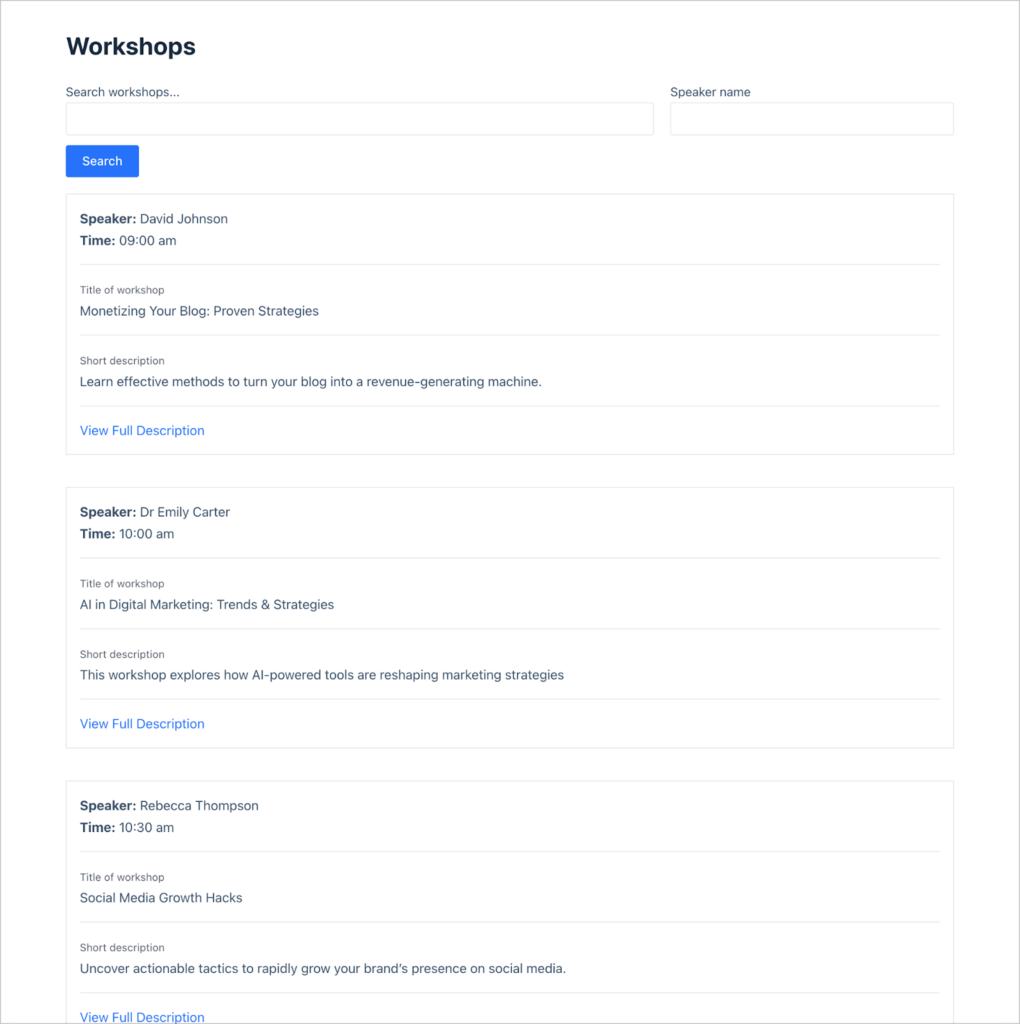 A list of conference workshops, showing the speaker name, time, title of the workshop, short description and a link to view more