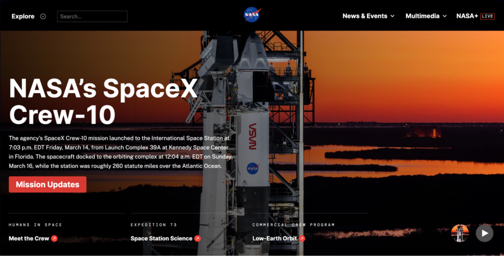 The nasa.gov homepage; the header reads 'NASA's SpaceX Crew-10