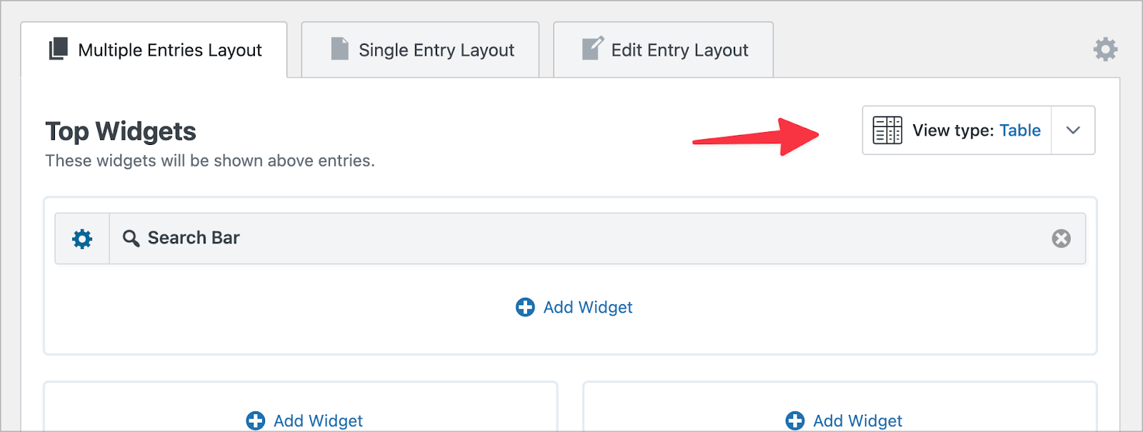An arrow pointing to a dropdown labeled 'View type' inside the GravityView editor; this dropdown enables users to change the View type being used on the current layout.