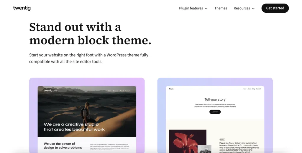 The twentig homepage. The header reads ' Stand out with a modern block theme'.