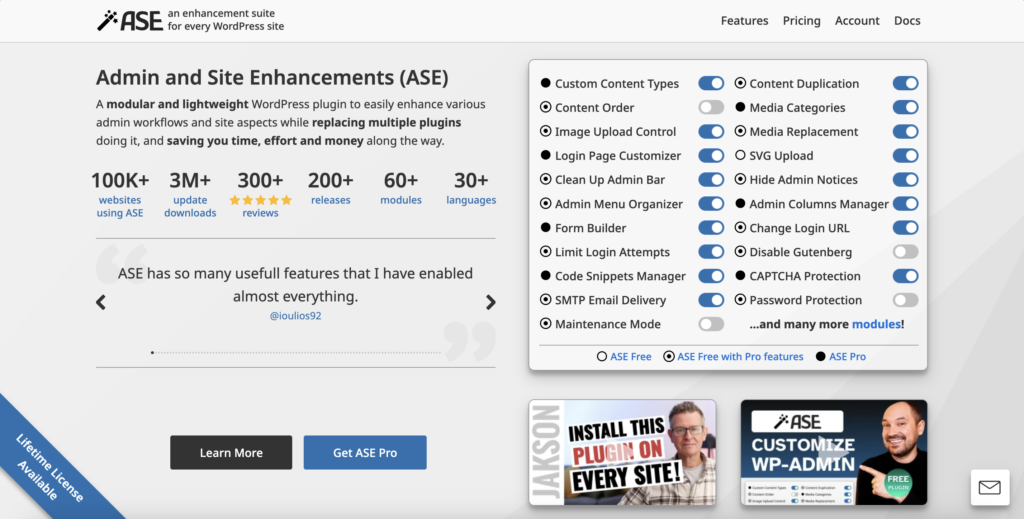The WP ASE homepage.