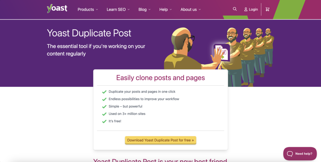 The Yoast Duplicate Post plugin landing page. The header reads 'Easily clone posts and pages'.