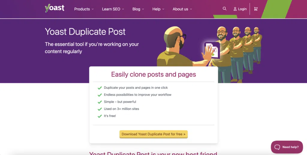 The Yoast Duplicate Post plugin landing page. The header reads 'Easily clone posts and pages'.