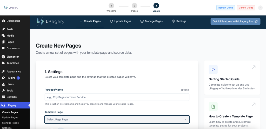 The plugin setting page for the Bulk Page Generator plugin