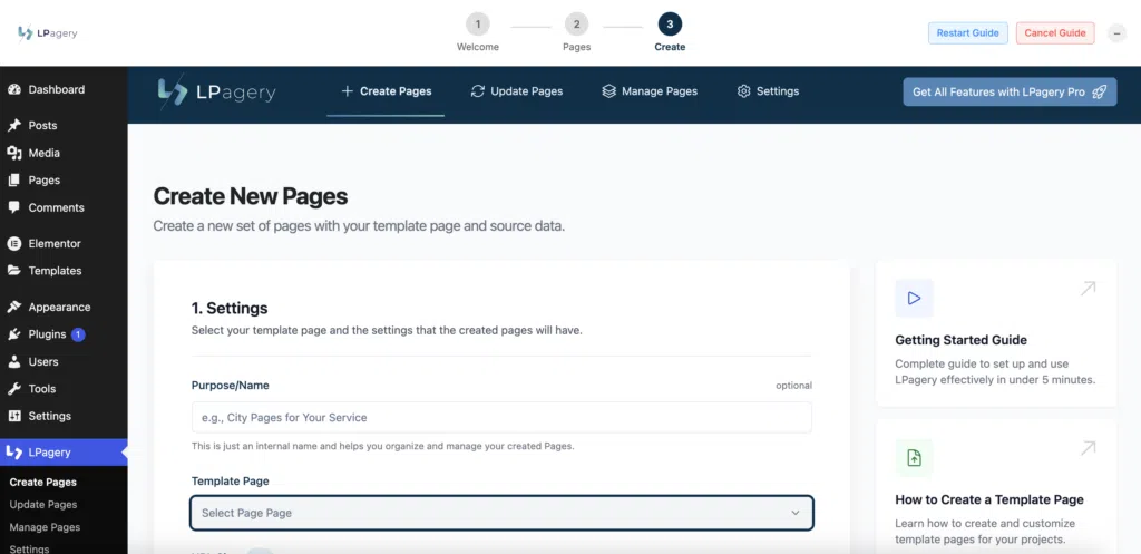 The plugin setting page for the Bulk Page Generator plugin