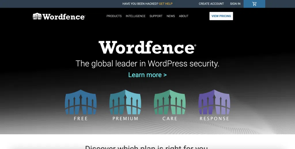 The Wordfence homepage. The header reads 'The global leader in WordPress security'.