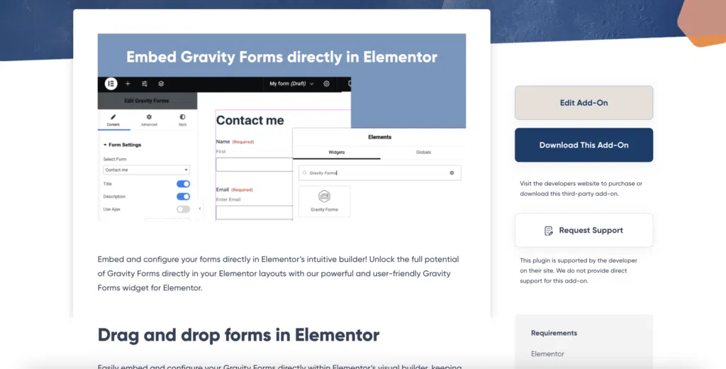The Gravity Forms Widget for Elementor landing page. The header reads 'Embed Gravity Forms directly in Elementor'.
