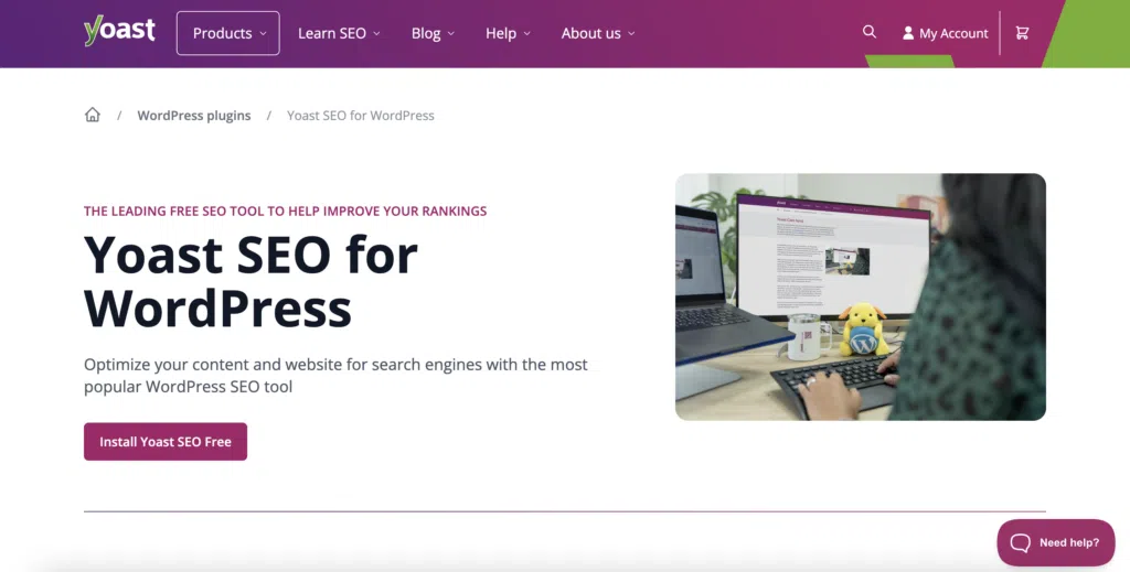 The Yoast SEO plugin landing page. the header reads 'The leading free SEO tool to help improve your rankings'.