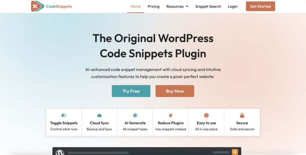 The Code Snippets homepage. The header reads 'The original WordPress code snippets plugin'.