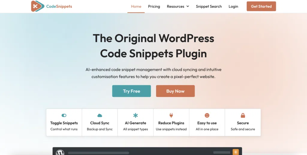 The Code Snippets homepage. The header reads 'The original WordPress code snippets plugin'.