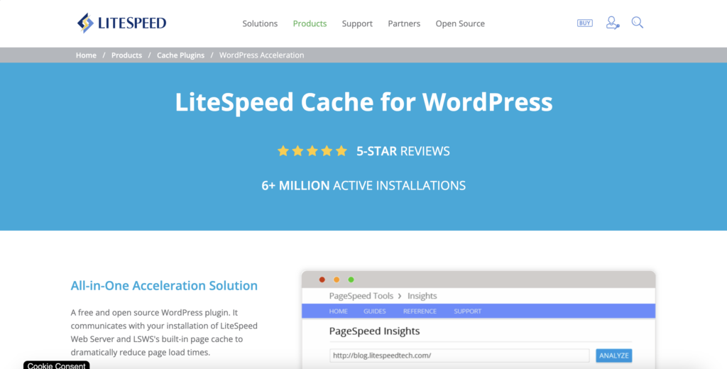 The LiteSpeed cache plugin landing page. The header reads 'LiteSpeed Cache for WordPress: 6+ million active installations'.
