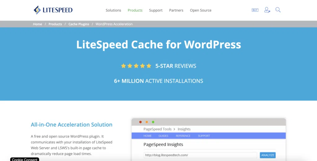 The LiteSpeed cache plugin landing page. The header reads 'LiteSpeed Cache for WordPress: 6+ million active installations'.