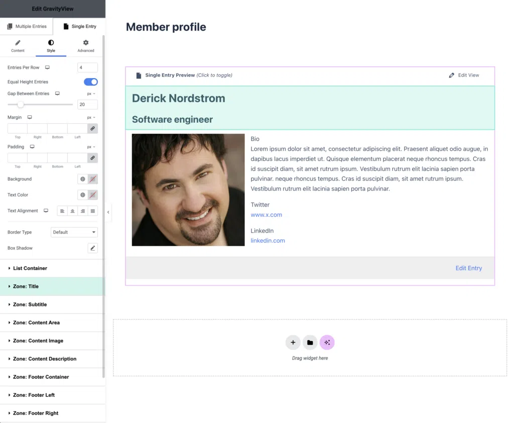 The GravityView Single Entry styles in the Elementor interface